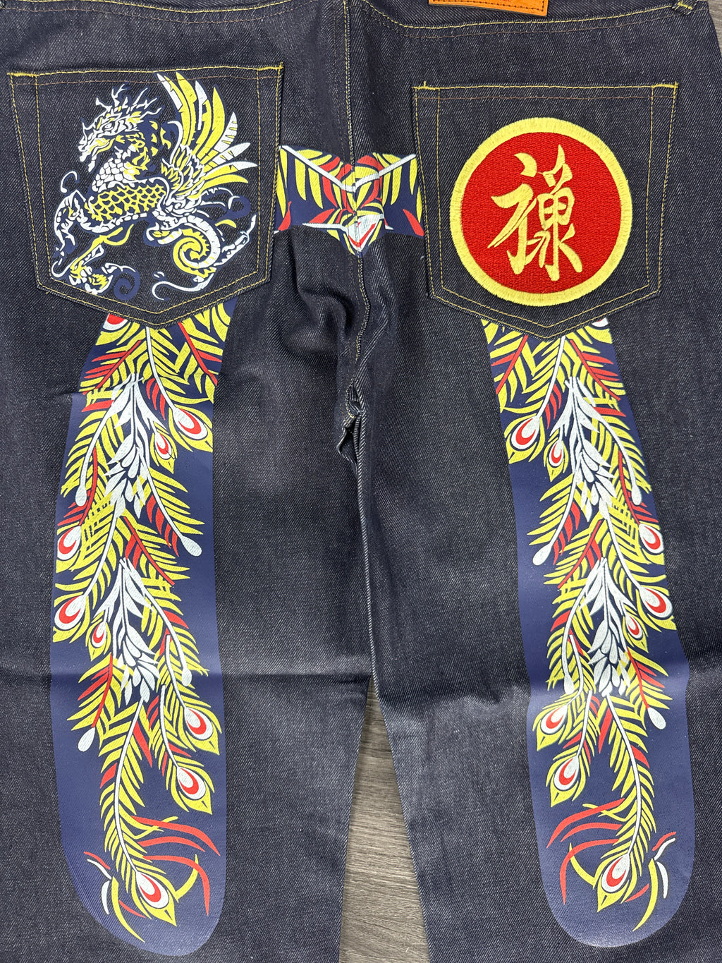 Vintage Evisu Daicock Navy Peacock Print - size 36