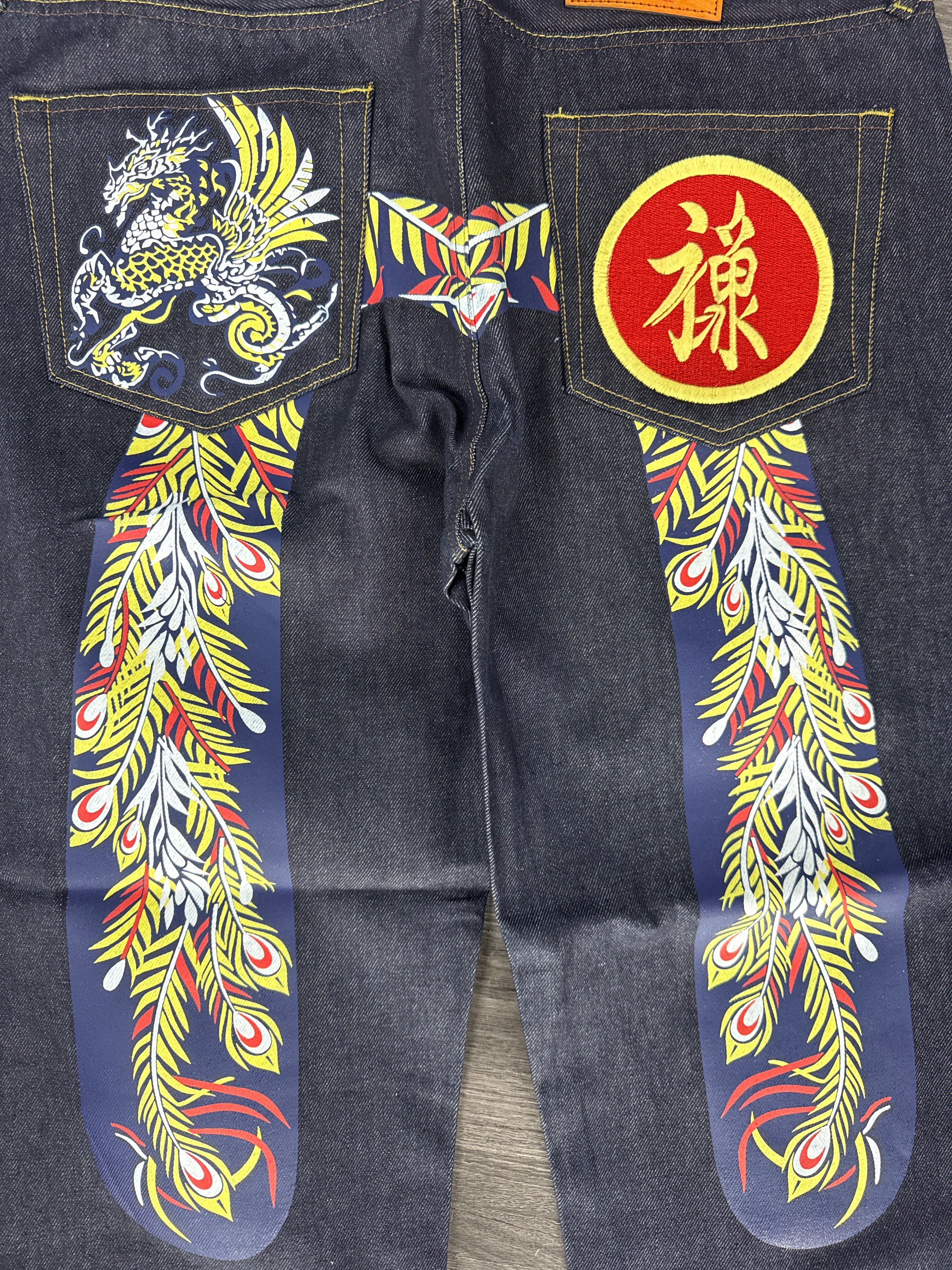 Vintage Evisu Daicock Navy Peacock Print - size 36