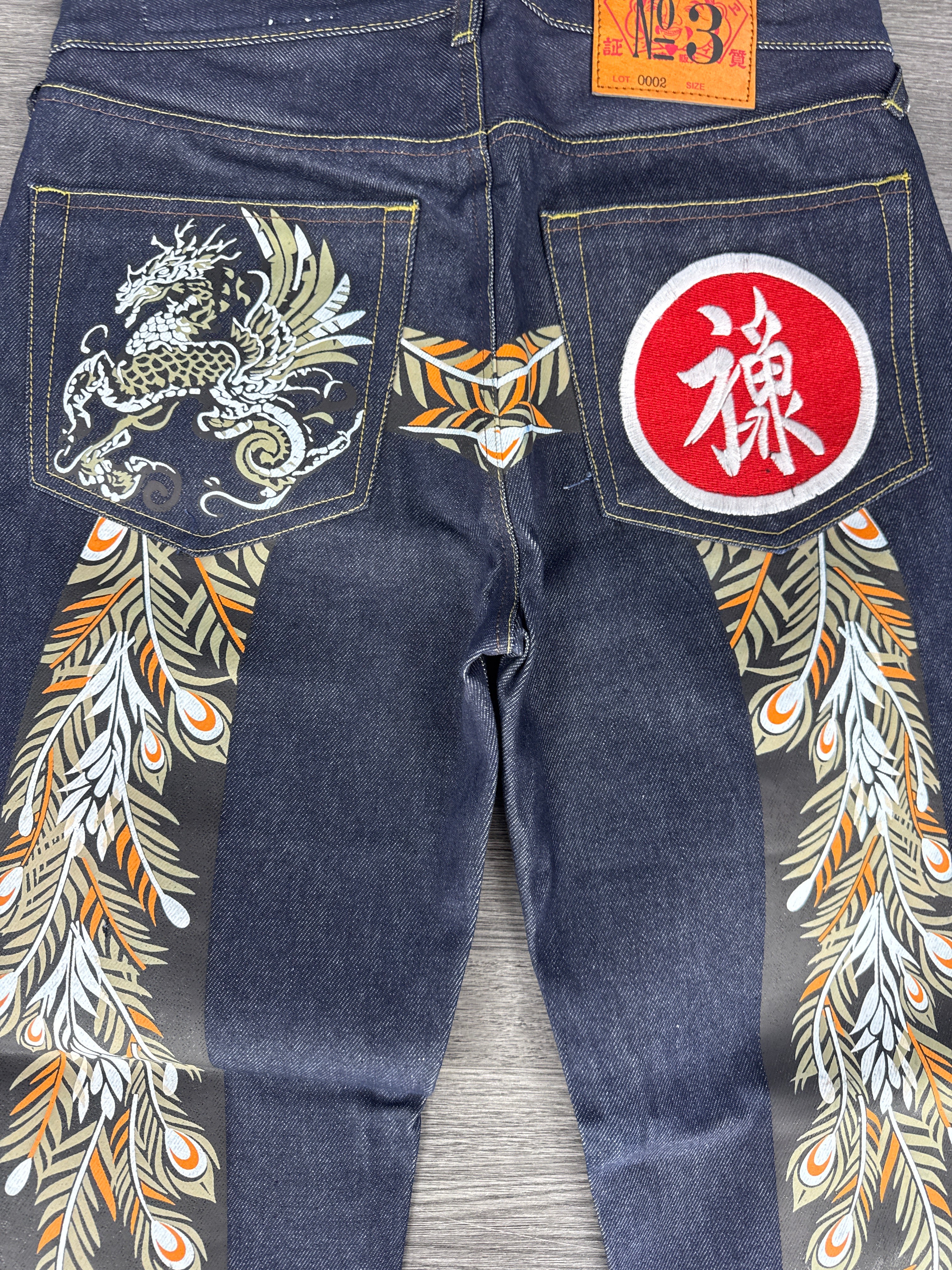 Vintage Evisu Daicock Olive Peacock Print - size 30