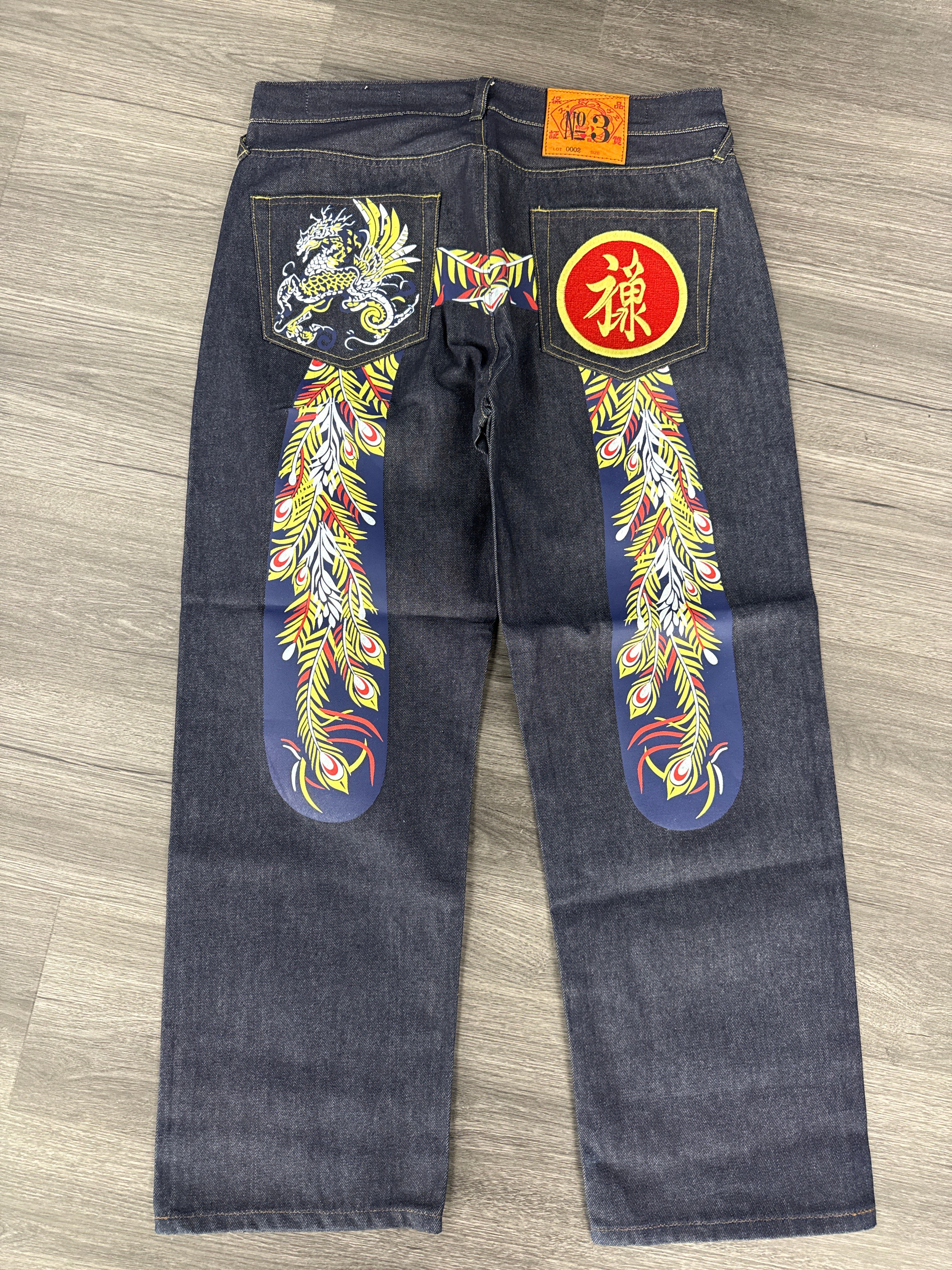 Vintage Evisu Daicock Navy Peacock Print - size 36